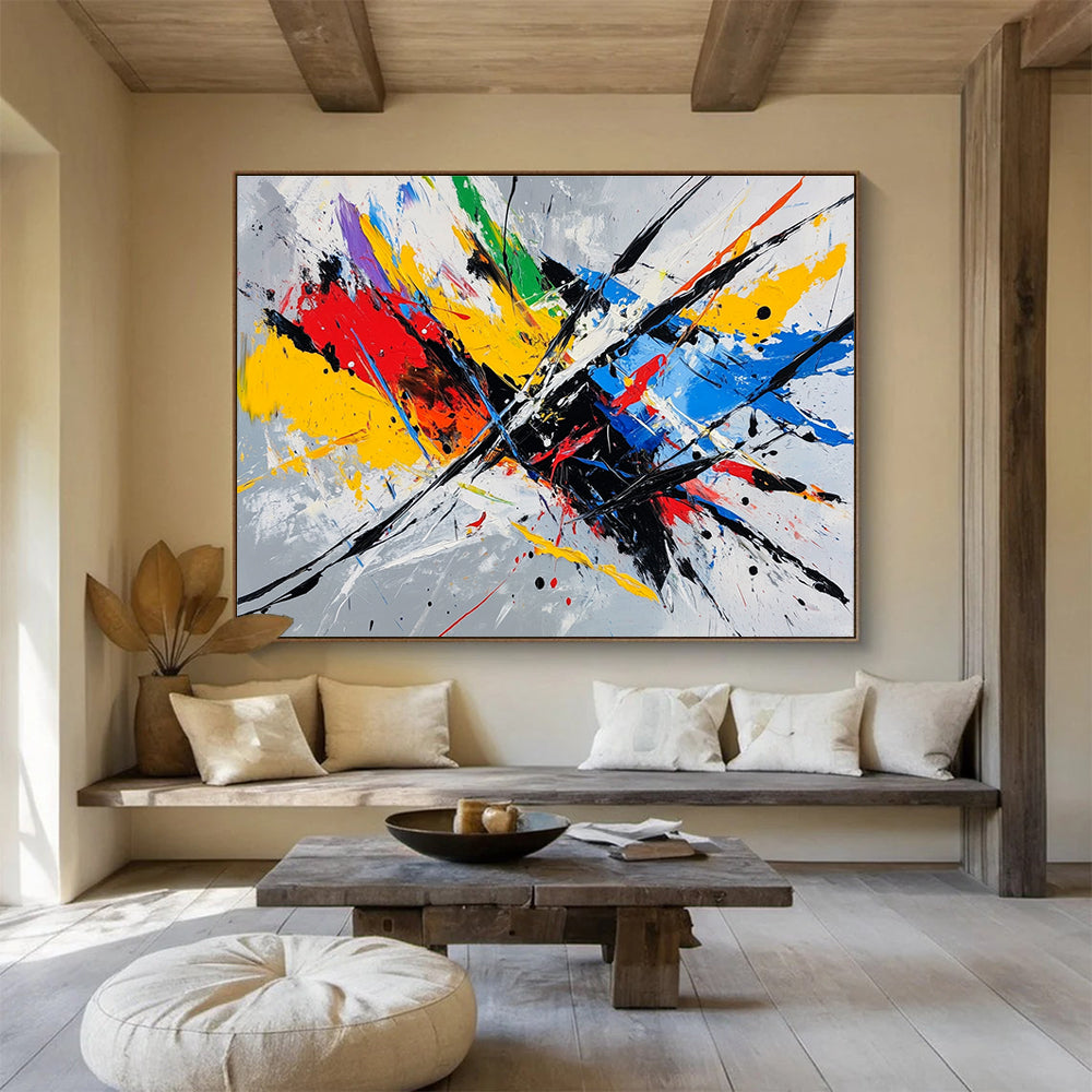 Bold abstract painting featuring dynamic lines and vibrant colors, capturing the essence of speed on a gray background.SC156