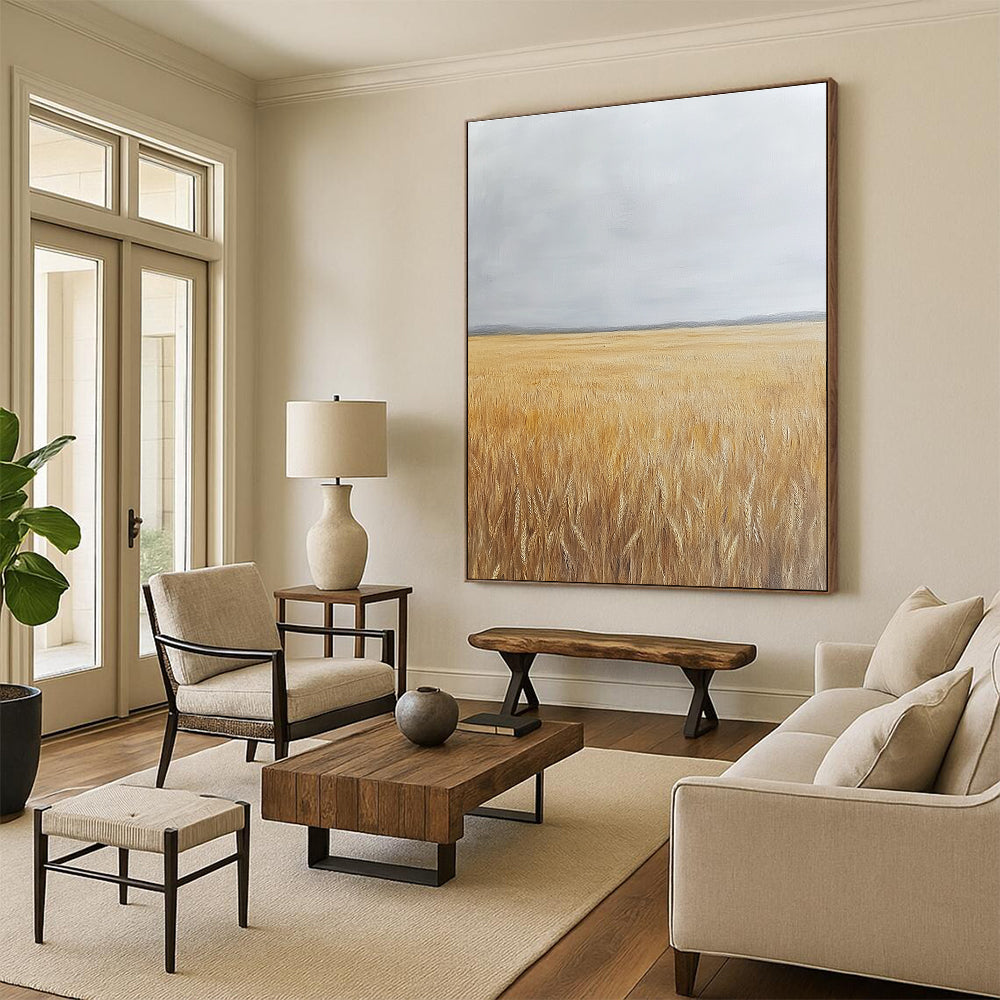 Large abstract oil painting depicting a large wheat field under a grey sky with yellowing grass tones.STSC1034