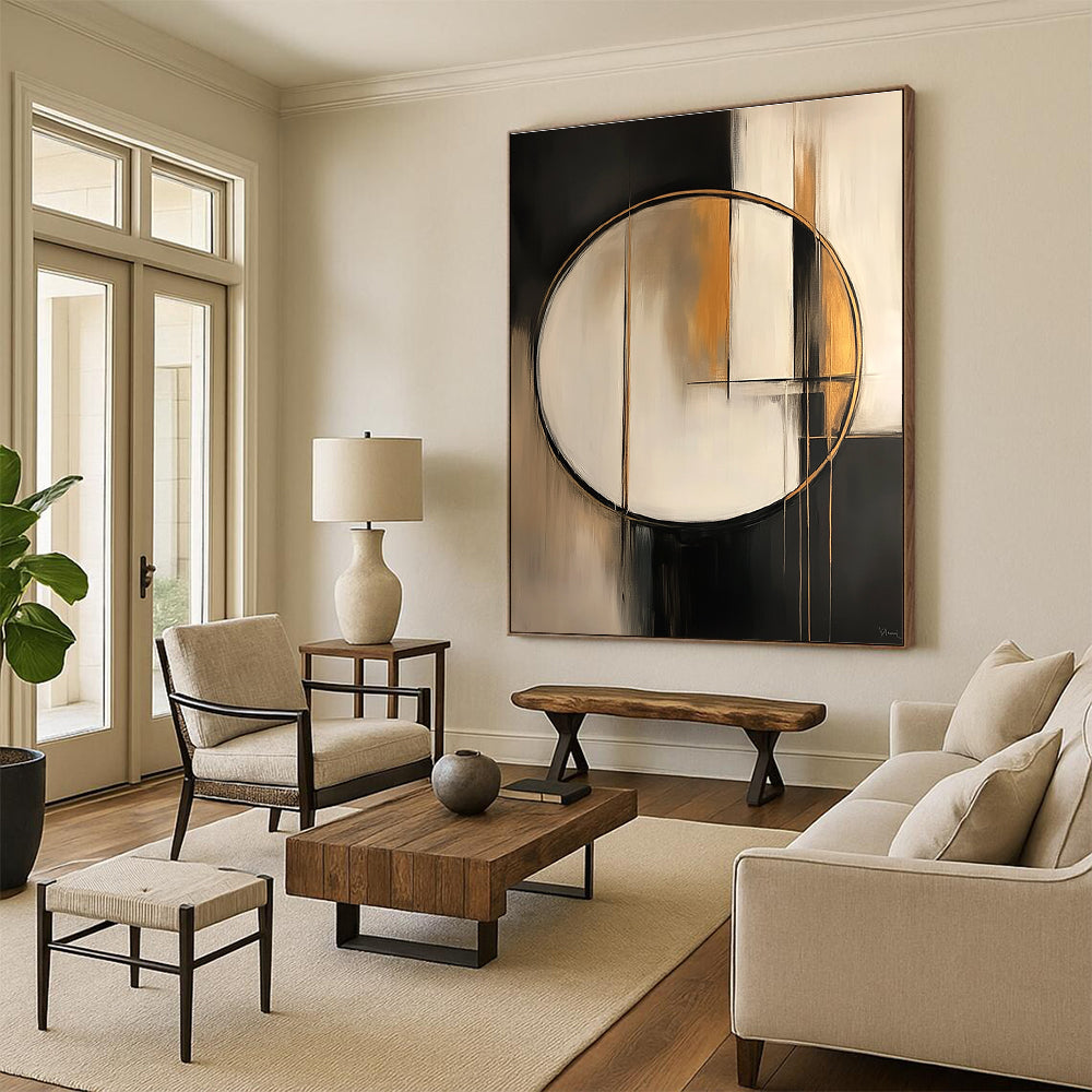 Large abstract painting featuring a white circle with gold lines set against an abstract geometric background in soft black grey and beige tones.STSC209