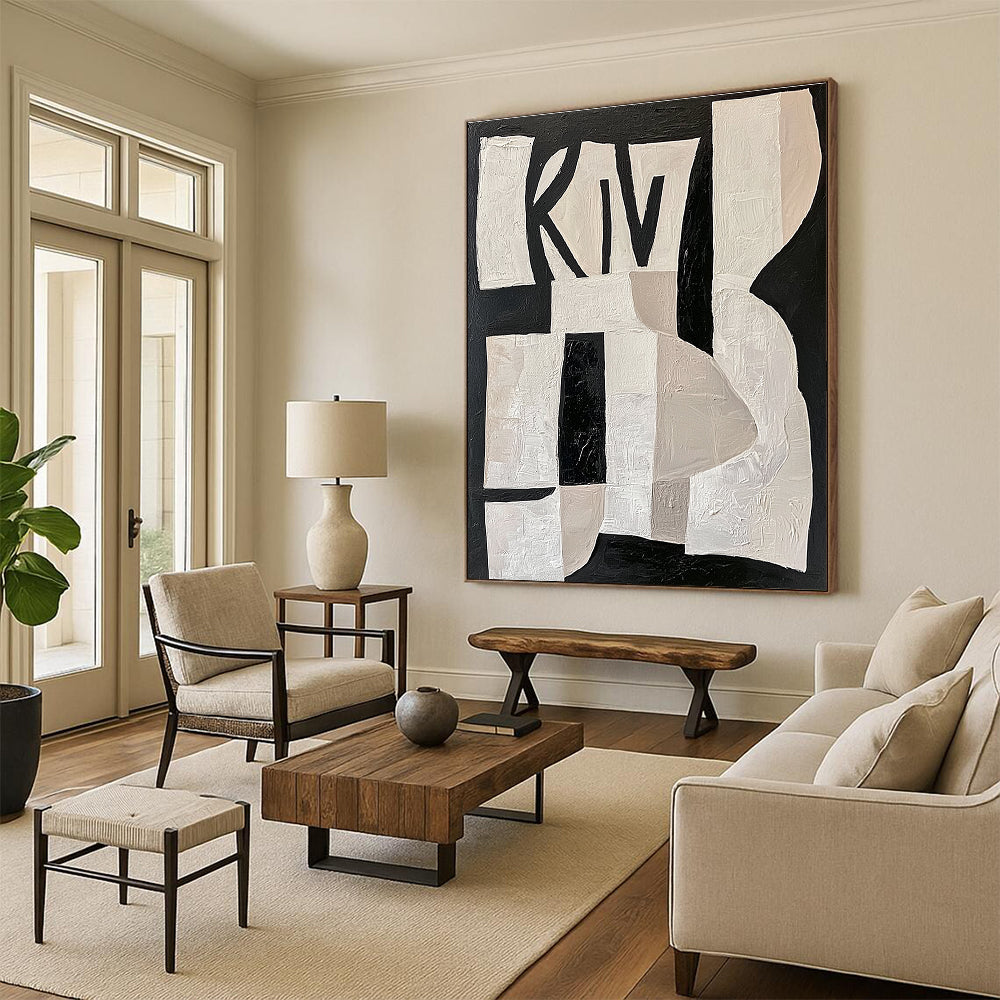 Large abstract painting featuring white shapes on a black background with deconstructed collage elements and the word KIWI in pastel colors.STSC313