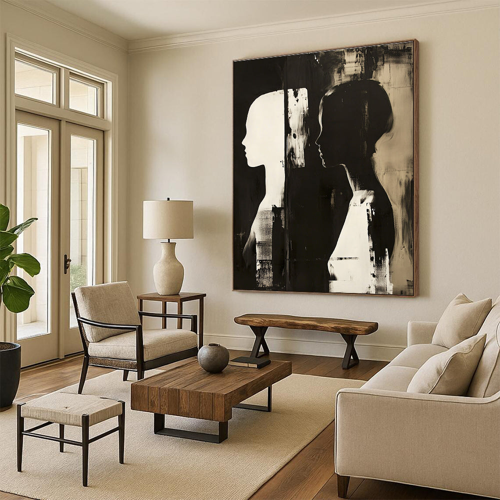 Large abstract painting featuring two profile figures in contrasting tones against a dark monochrome background.STSC1448