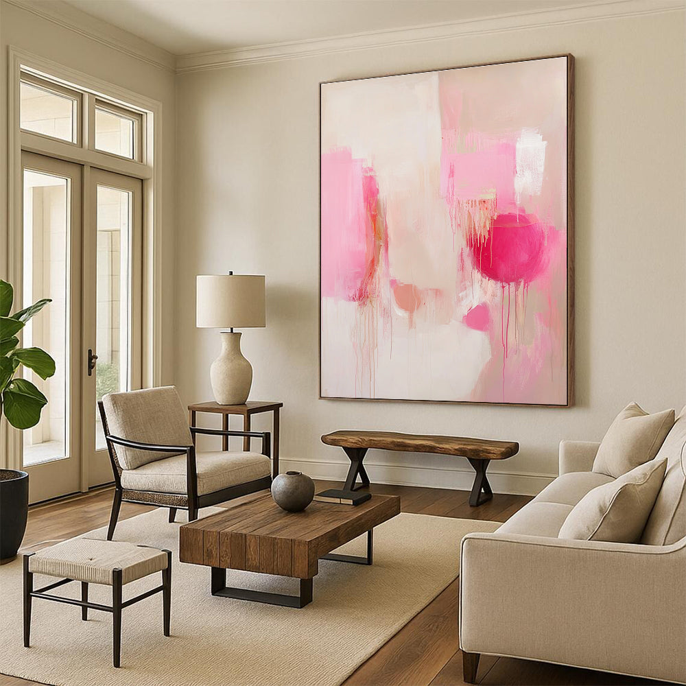 Large abstract painting in soft pink and white tones with emotional expressionism and delicate details, featuring layered shapes and unique accents.STSC807
