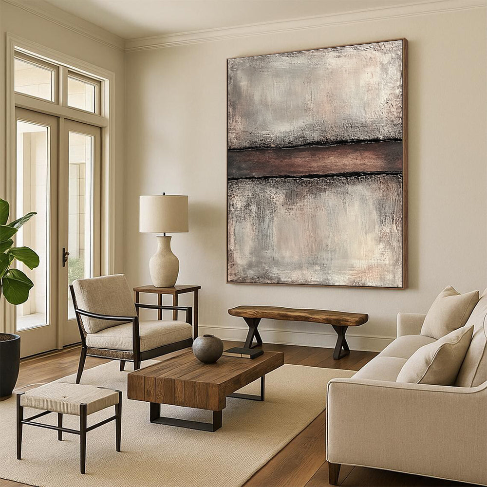 Gray and Brown Textured Abstract Painting with a Central Divide GER038