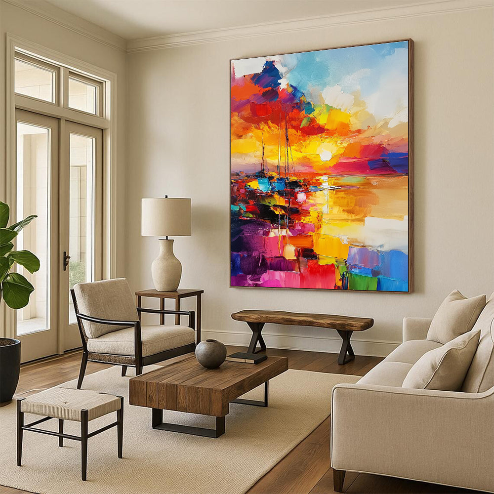 Large abstract painting featuring a vibrant sunset over the sea with rich colors and fluid brush strokes.STSC1422