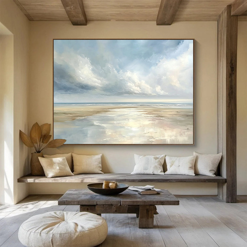 A large abstract painting depicting a serene coastal landscape with pastel skies and reflective puddles on sandy beaches, evoking tranquility.SC544