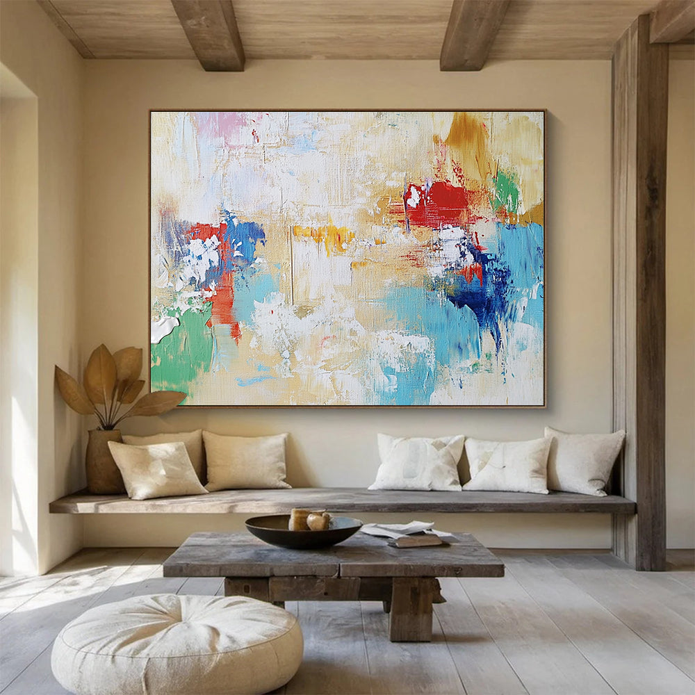 Large abstract painting in light colors depicting freedom with brushstrokes suggesting forms, evoking hope, joy, and endless possibilities.SC217
