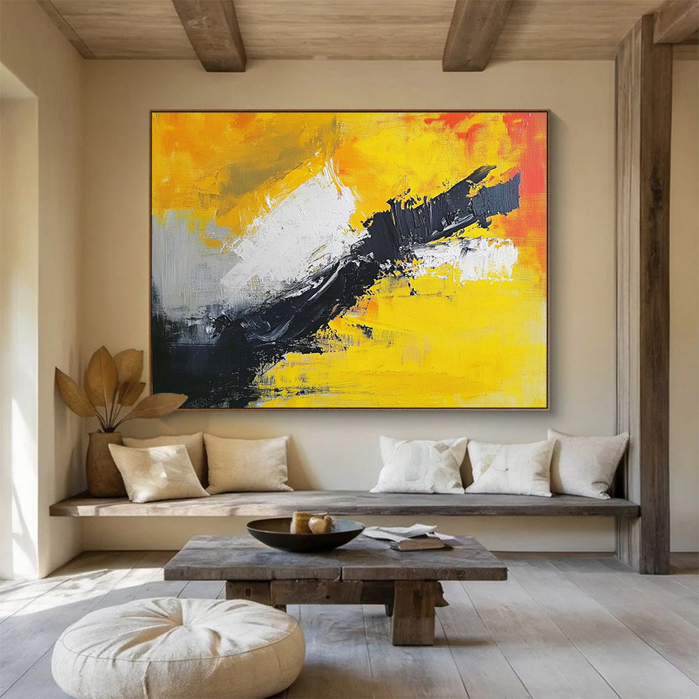 Expressive Abstract Painting with Vivid Yellow and Bold Black DYP551