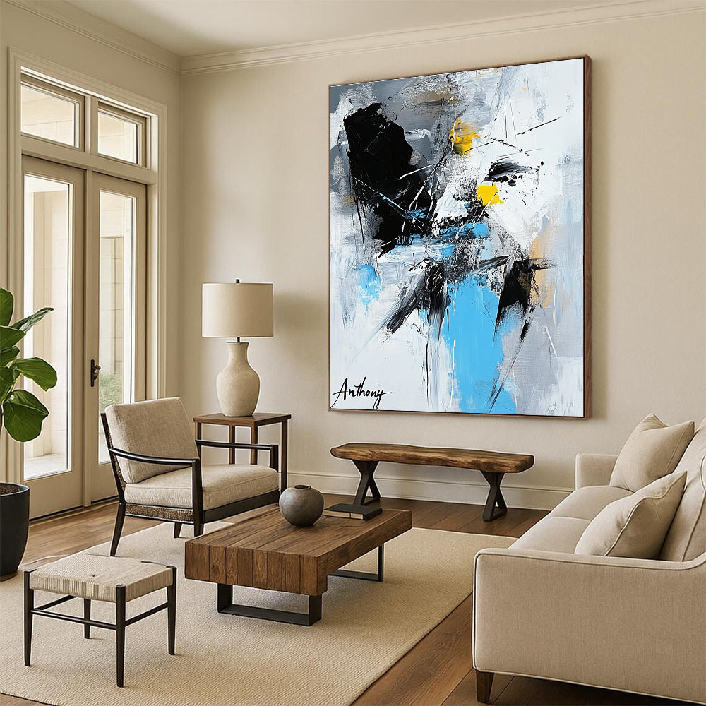 Large abstract painting featuring the name Anthony in vibrant colors with dynamic shapes and bold black brush strokes.STSC1275