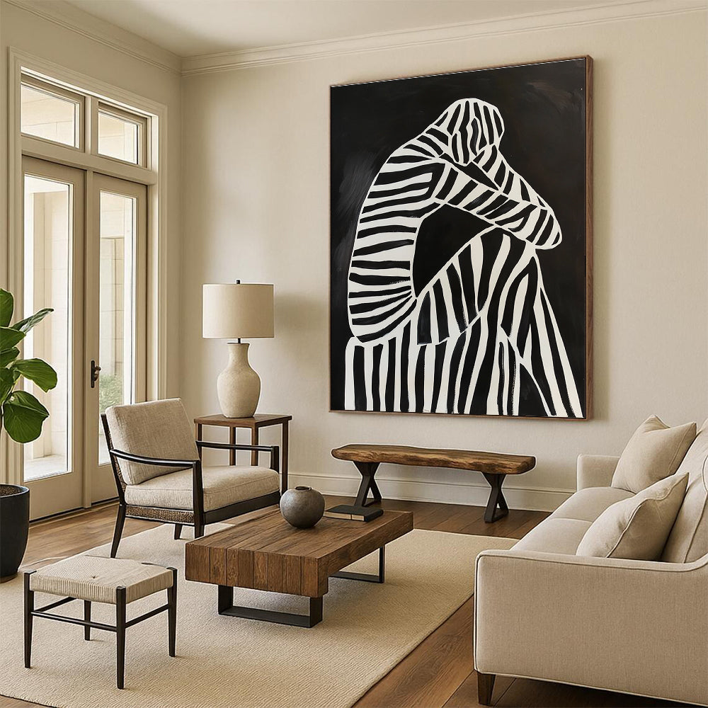 Abstract painting of a black and white figure on a striped chair featuring minimalistic lines and high contrast in a dark background.STSC1111