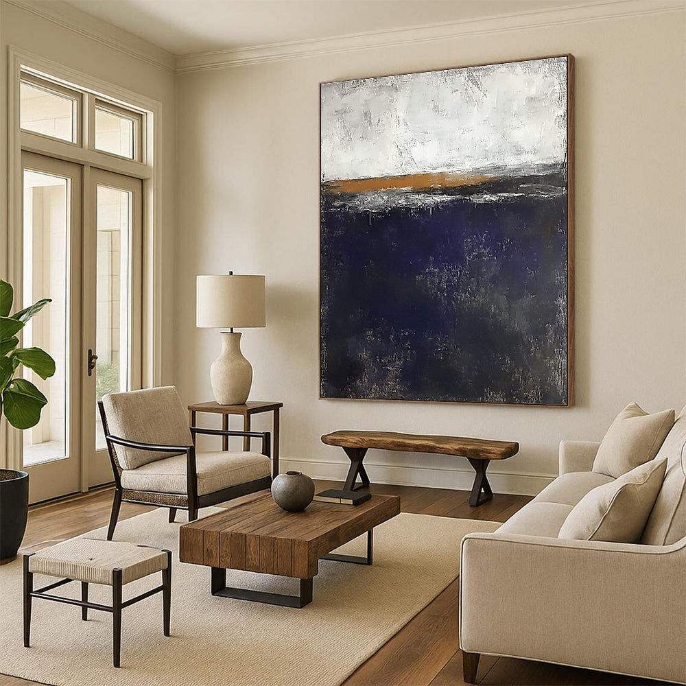 Large abstract painting of the sea in dark blue and gray with white highlights and small brown elements against a flat gray background.STSC706
