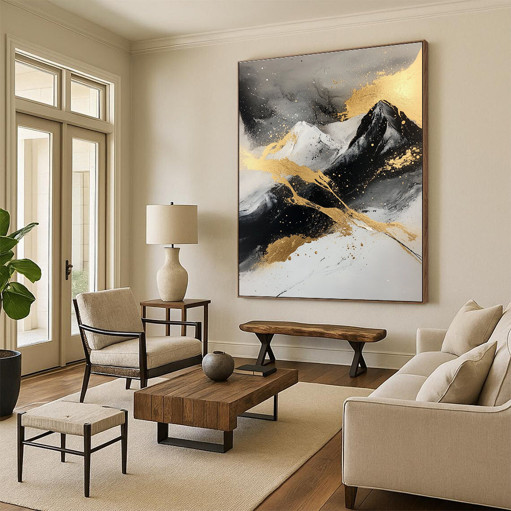 Gold - Splashed Mountain Abstract Painting with Black, White, and Gold GER320