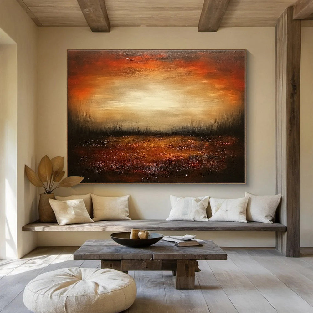 Dark Sunset Field Abstract Painting with Warm Oranges and Browns DYP246