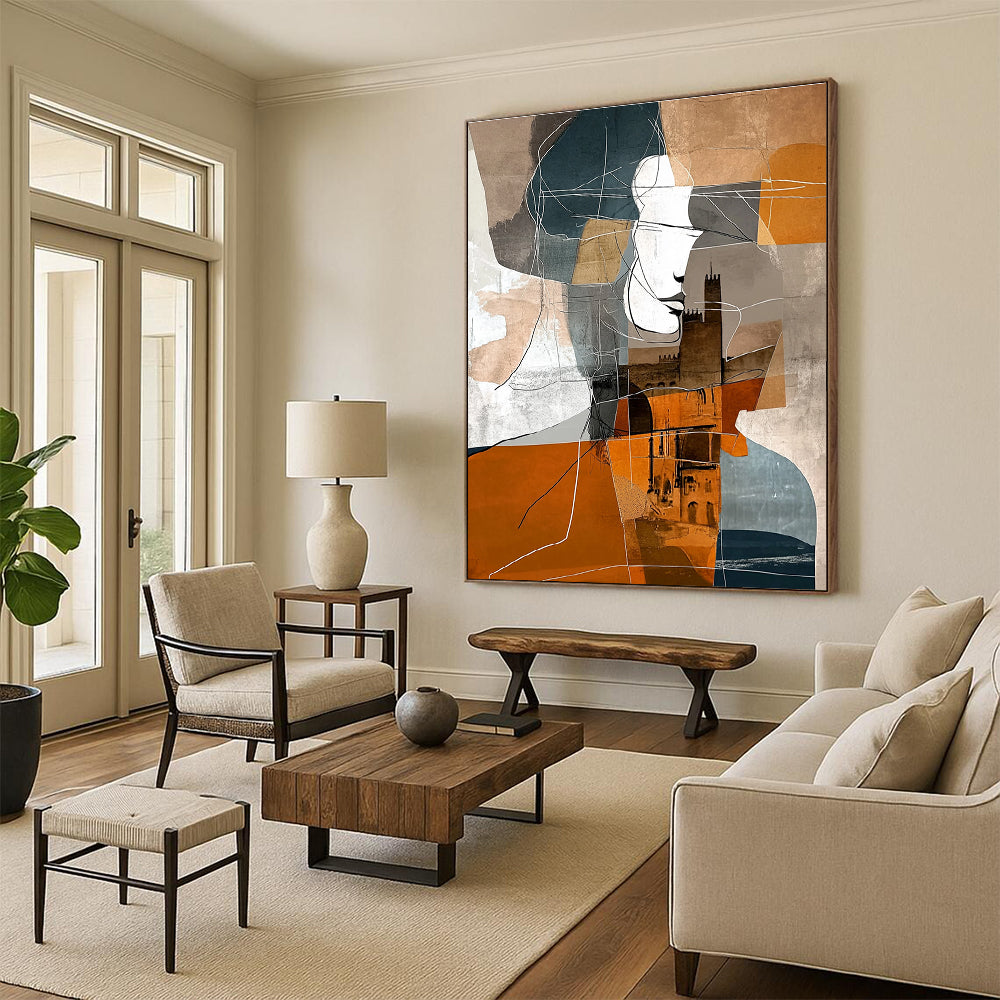 Large abstract painting featuring shapes in brown grey blue and orange with expressionist woman geometric figure and shadowed castle in Parisian urban life.STSC540