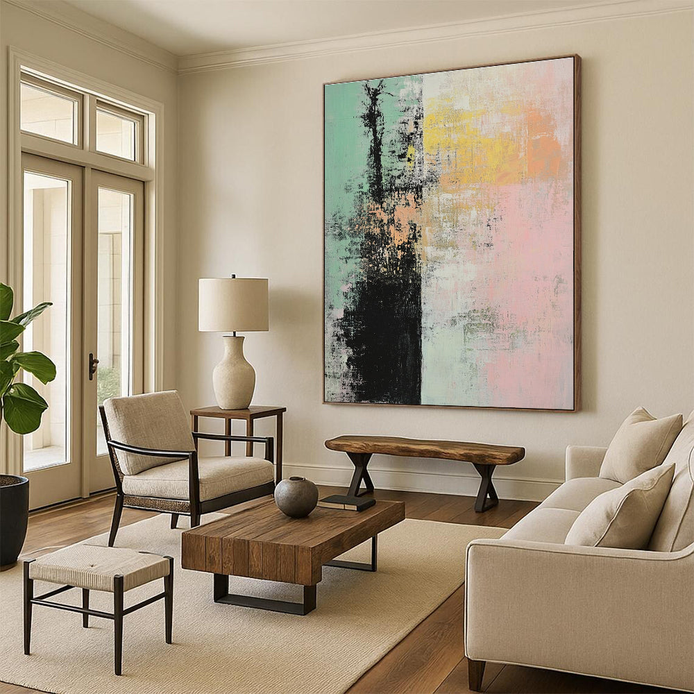 Large abstract painting featuring soft pink green and yellow hues with textured layers creating a serene tree motif against a tranquil background.STSC796