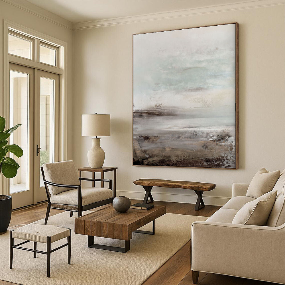 Misty Coastal Abstract with Soft Gray and Blue Tones Painting ADGE153