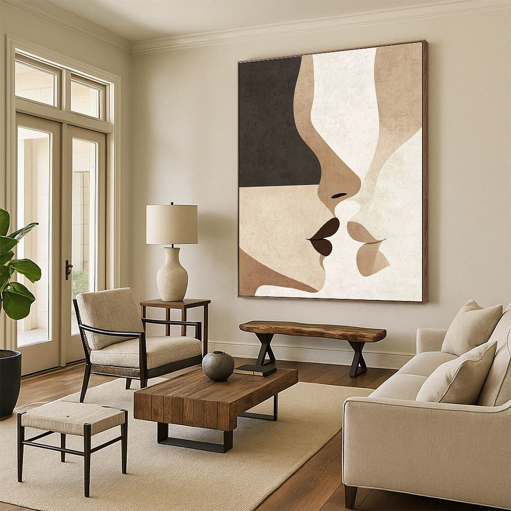 Abstract art in minimalist Japandi style featuring subtle nose and mouth shapes in neutral earthy tones of beige black white grey and brown.STSC1342