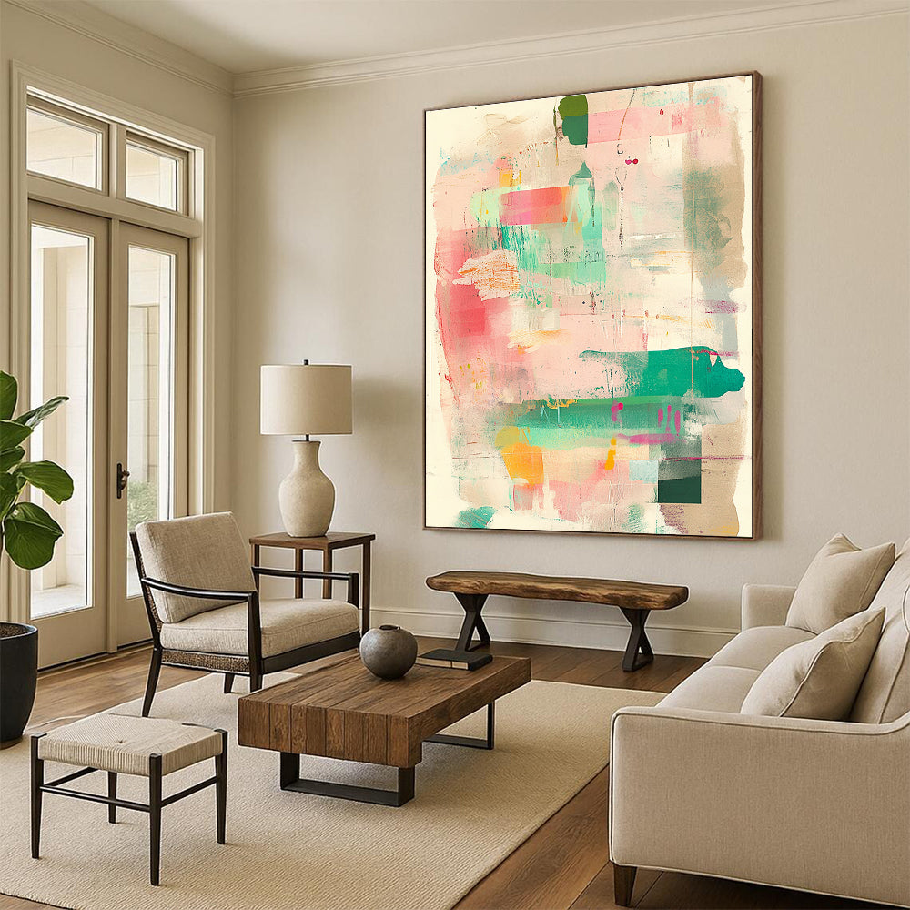Large abstract artwork featuring muted pastel pink and green tones with mixed media collage elements and vintage paper texture for added depth.STSC1360