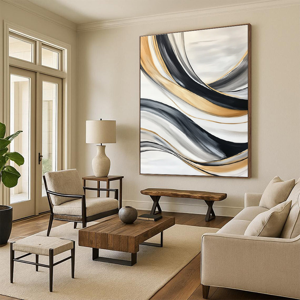 Large abstract painting with black gray and white lines featuring flowing forms swirling vortices soft edges blurred details and a gold accent.STSC739
