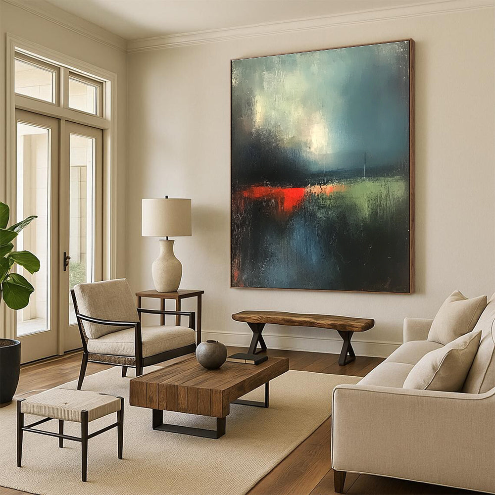 Abstract painting of the English landscape featuring dark green sky and atmospheric clouds with red lighting and soft textures using thick brush strokes.STSC702