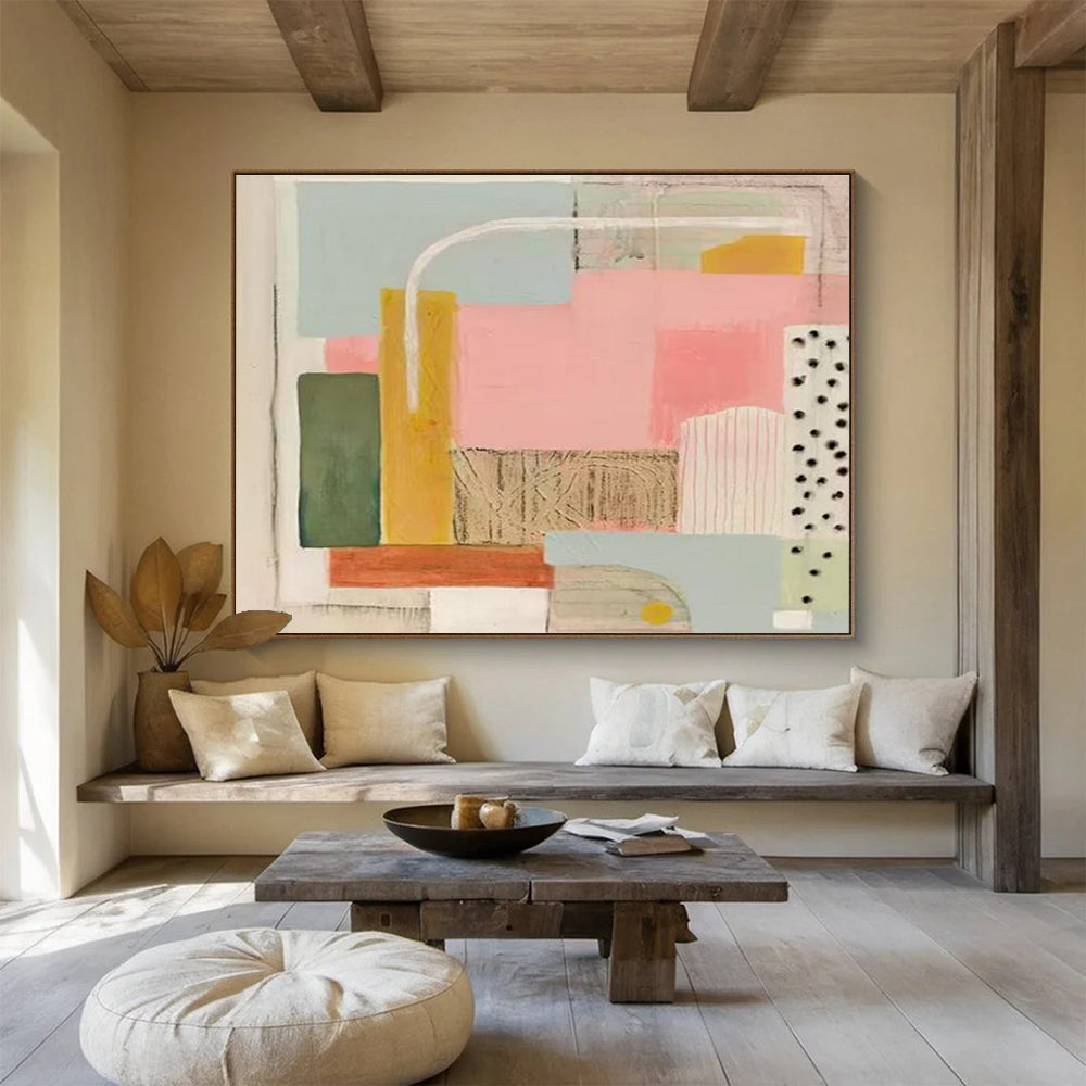 Pastel Geometry Abstract Painting with Pink, Green, and Yellow Tones THY204