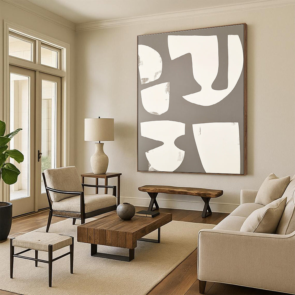 Large abstract artwork featuring white shapes on a grey background inspired by minimalist cubist style reminiscent of Henri Matisse.STSC1491