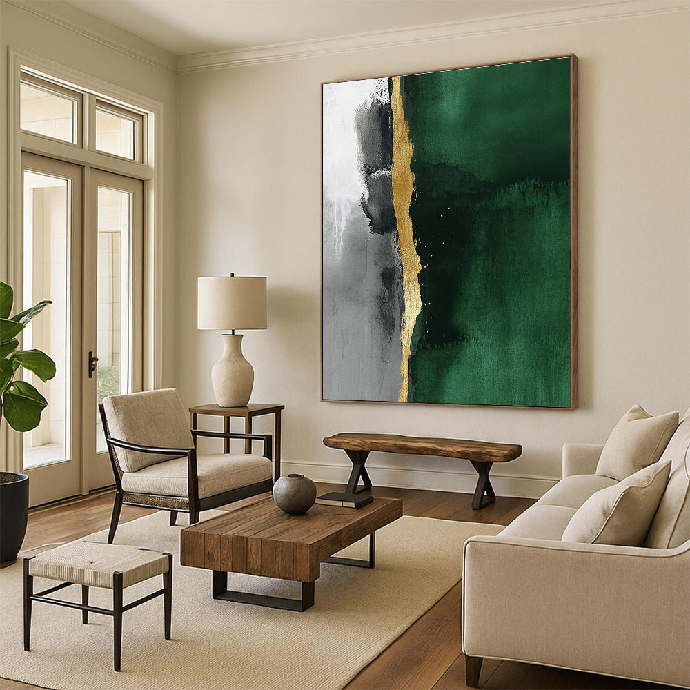 Abstract minimalist painting featuring a thin gold line against an emerald green and gray background emphasizing fluidity and elegant simplicity.STSC129