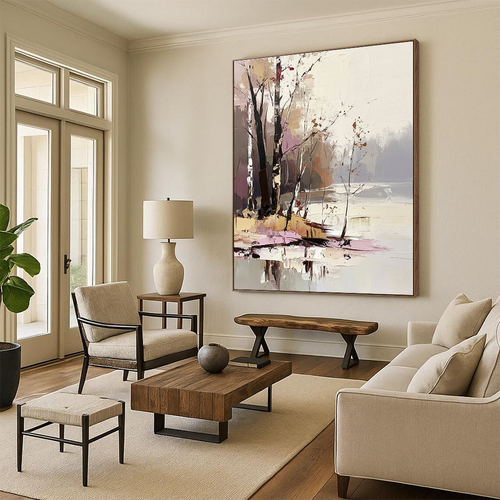 Large abstract painting featuring trees and water in light pink beige brown and gray tones with thick brush strokes and palette knife technique.STSC1396