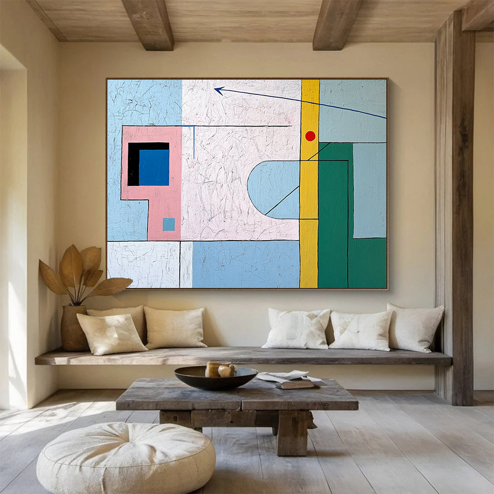 A large abstract painting featuring geometric pastel shapes, a small window, a door, and a downward arrow, evoking tranquility and creativity.SC491