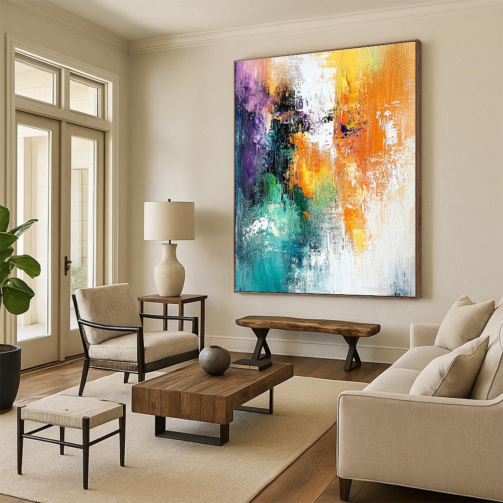 Large abstract painting featuring dreamy hues of white orange and teal with textured brushstrokes and a layered mixed media composition.STSC417