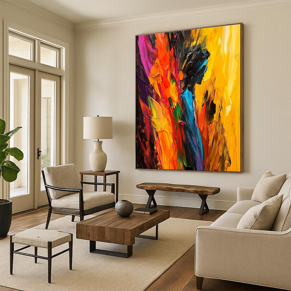 Large abstract painting with bold strokes vibrant colors and a dynamic central figure offering depth energy and passion.STSC938