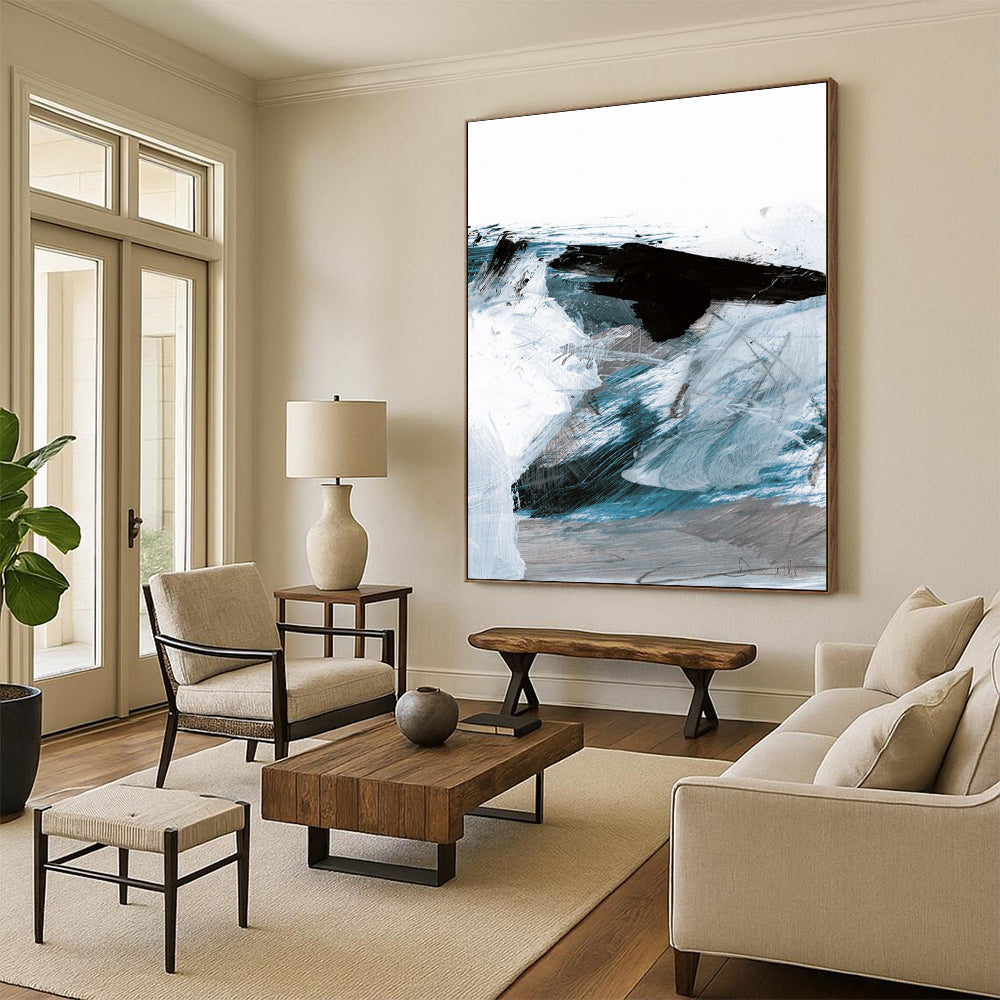 Blue and Black Dynamic Strokes Abstract Painting ADGE220