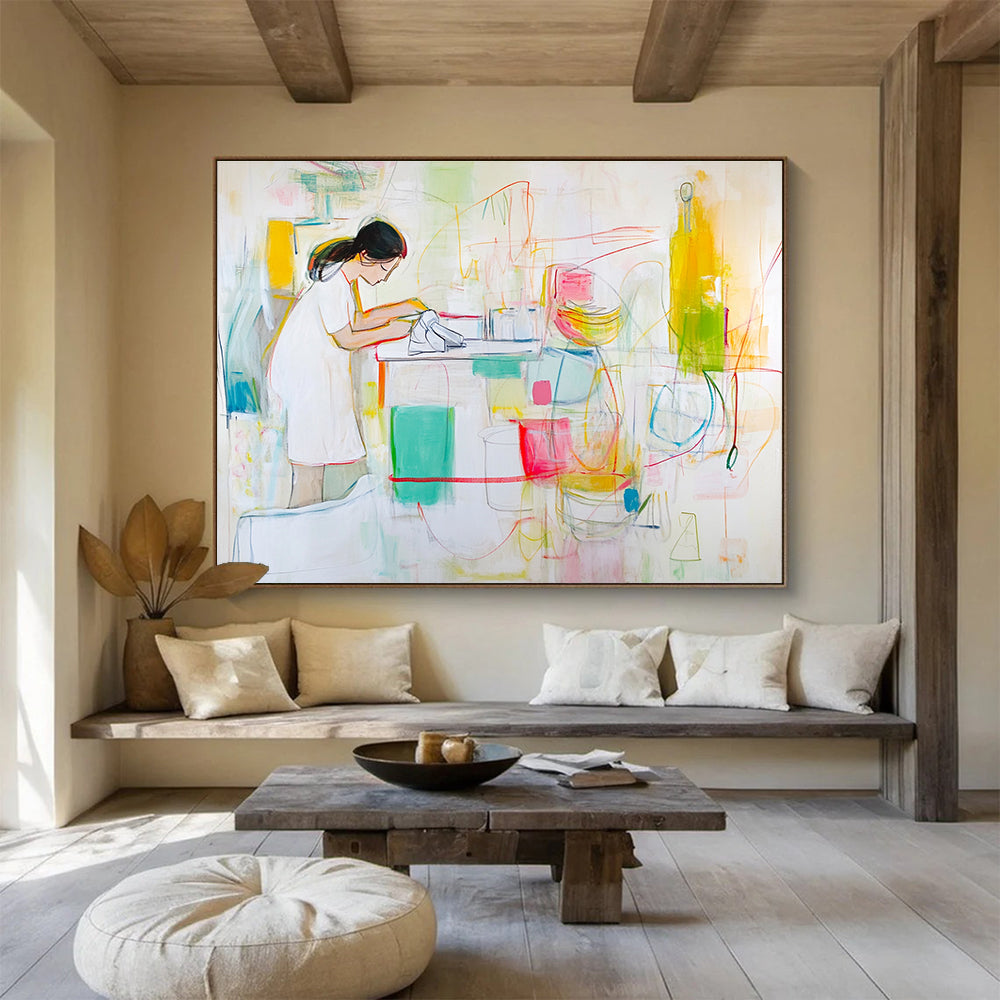 Figurative Kitchen Scene Abstract Painting with Colorful Elements DYP325