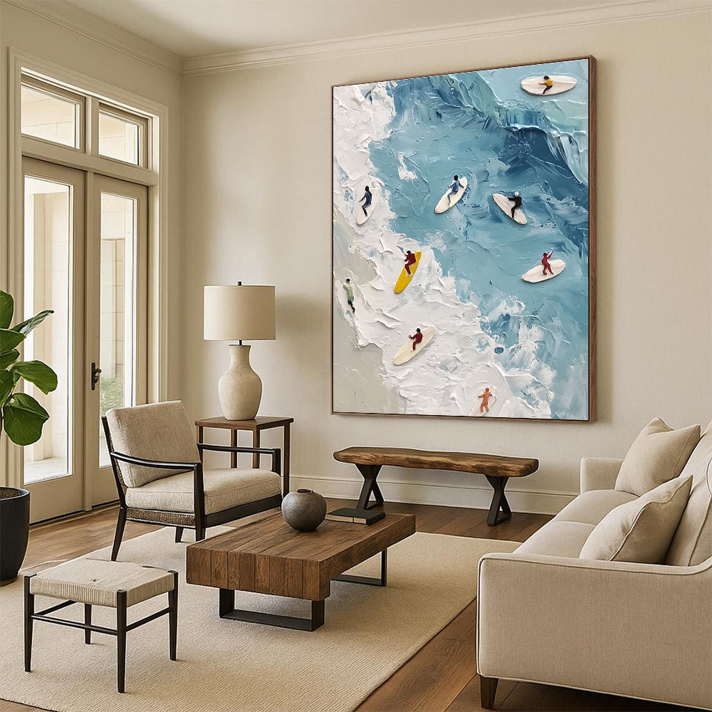 Large abstract painting of surfers on soft blue waves with a wet oil effect featuring soft colors and subtle figures floating in the water.STSC1436