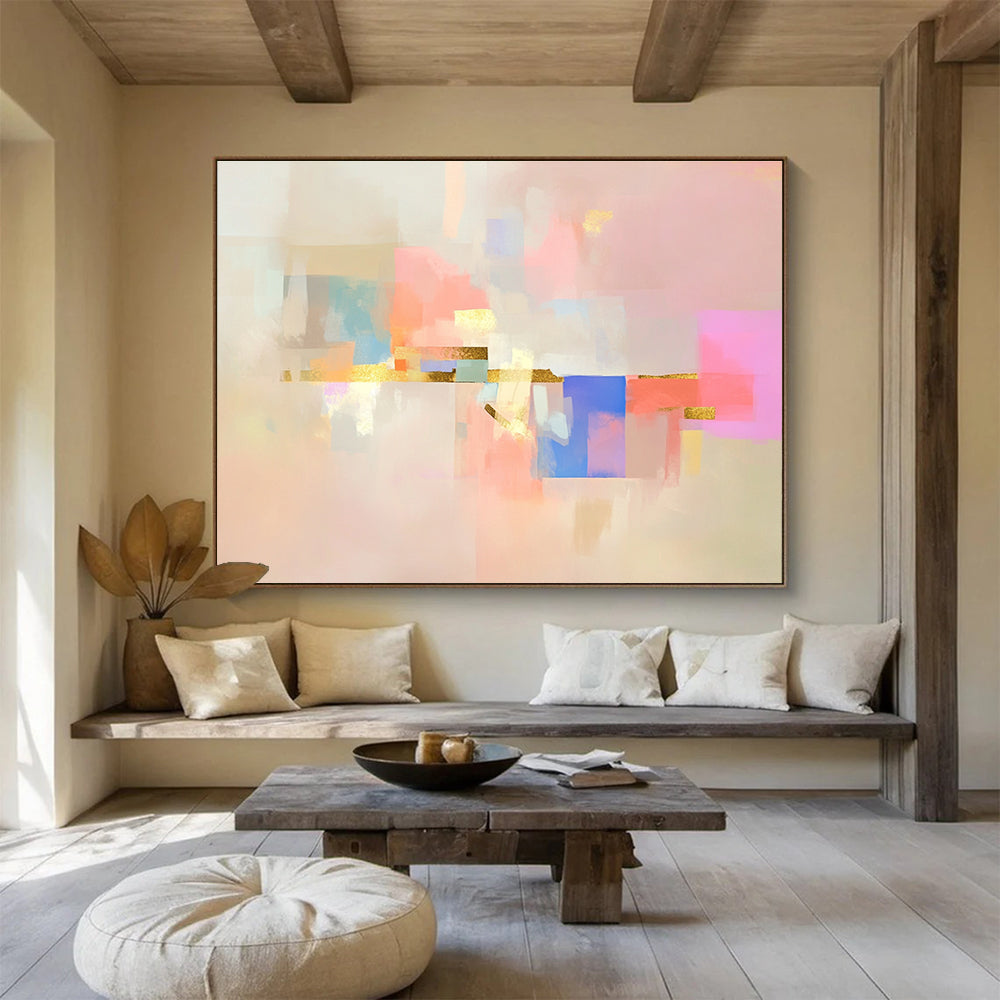 Abstract painting featuring soft shapes and pastel colors on a pink background with gold accents and minimalist design elements.SC043
