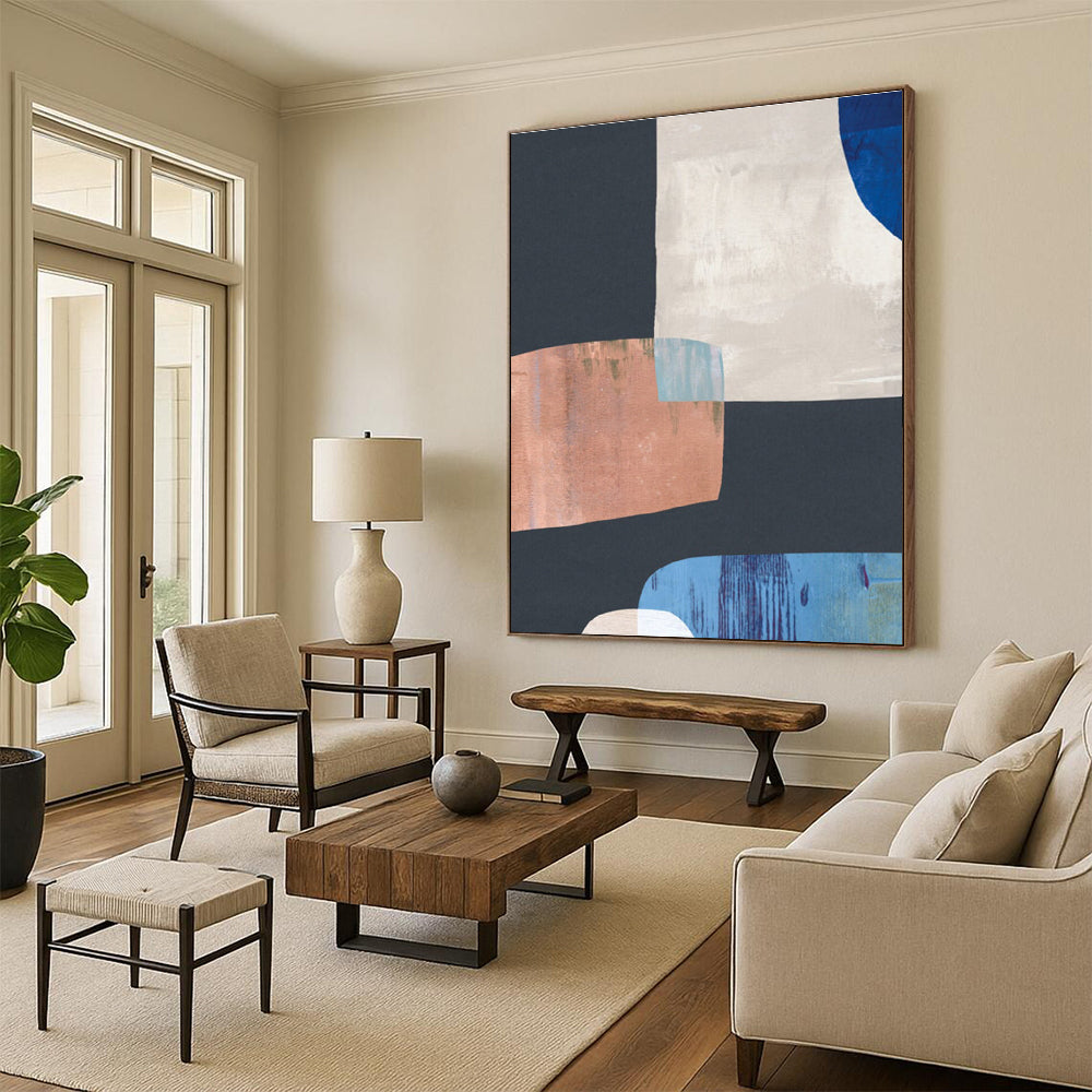 Geometric Abstract with Neutral and Blue Shapes Painting ADGE200