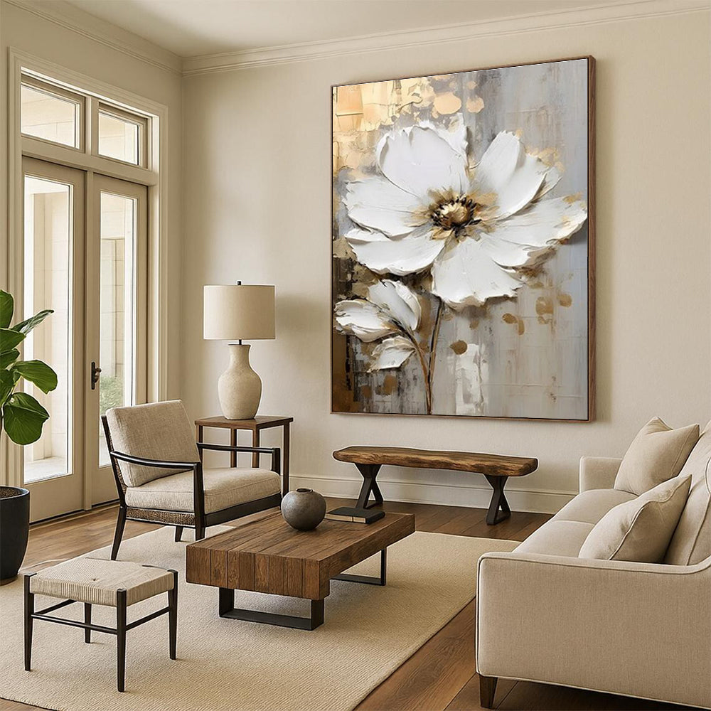 White Flower Textured Abstract Painting with Gold Accents ADGE300