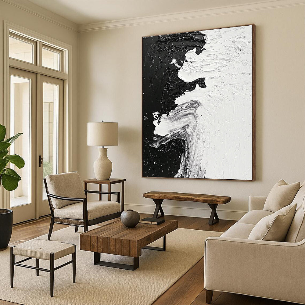 Black White Flow Abstract Painting with Textured Strokes GER350
