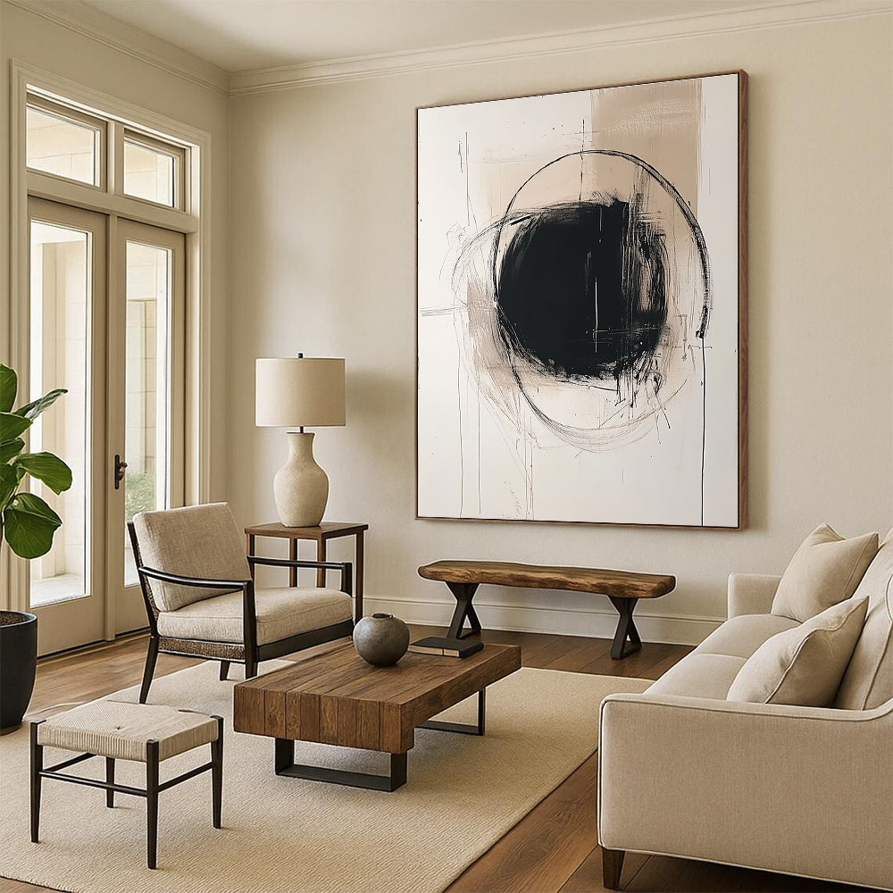 Large abstract painting featuring a central grayish circle minimalist lines and light splashes on off-white paper in the style of Doig and Hockney.STSC771