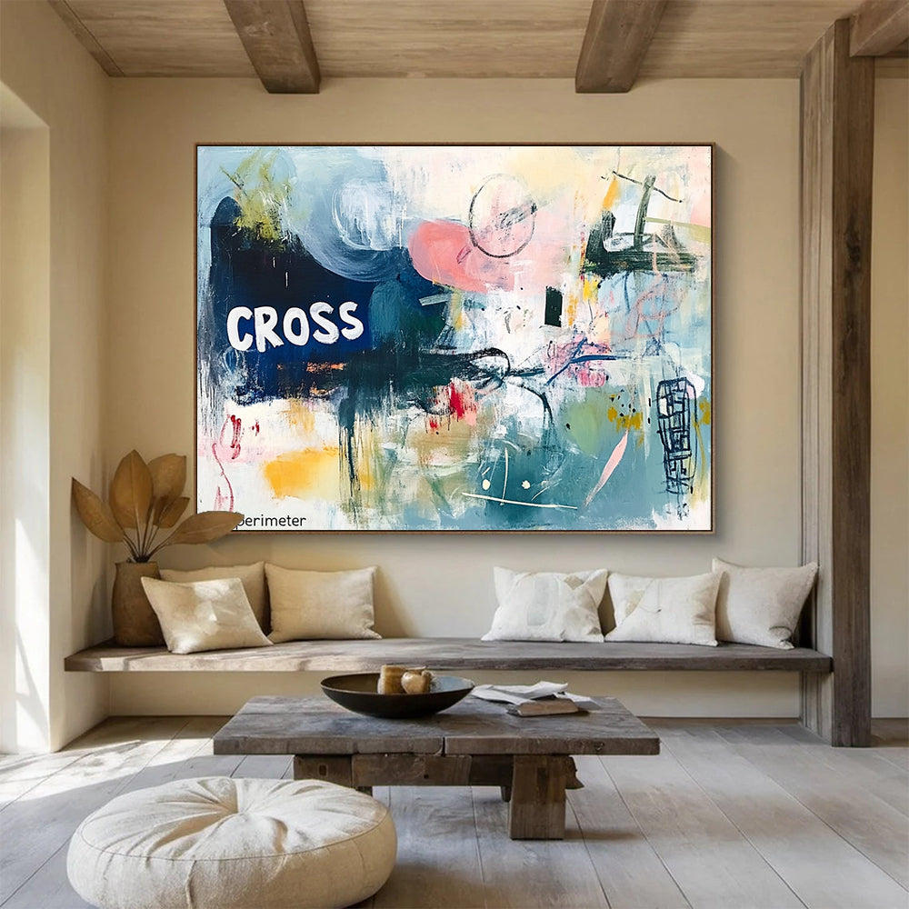 A large abstract painting featuring chaotic harmony in soft pinks blues and greens with textured layers and the text CROSS perimeter.SC307