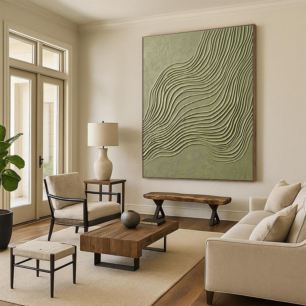 An Abstract Artwork Featuring Elegant Olive Green and White Lines, Perfect for Showcasing Product Designs and Architectural Drawings.STSC940