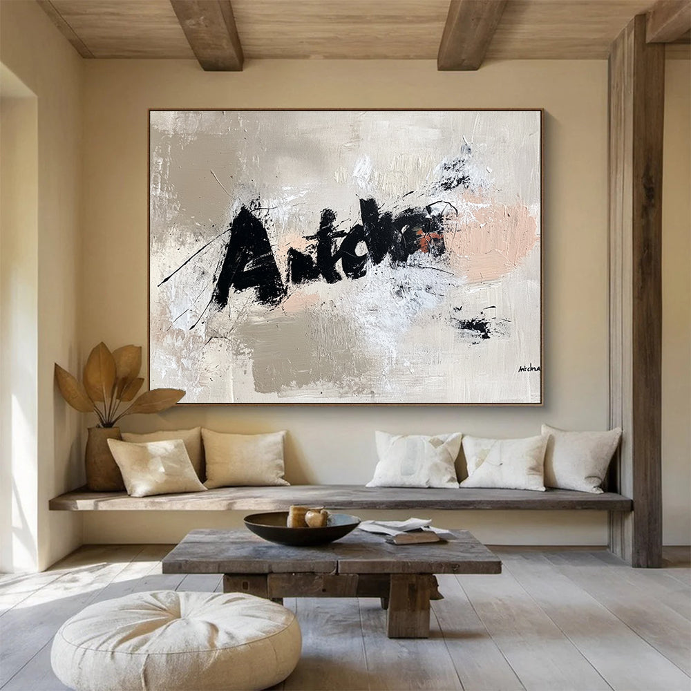 Textured Word Abstract Painting with Beige and Black DYP469