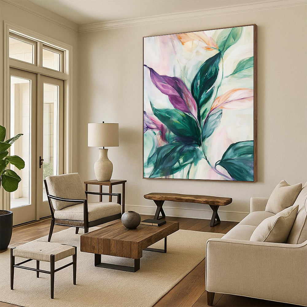 Large abstract painting of lush leaves in green pink purple and white with soft lines suggesting movement against a pale background evoking tranquility.STSC1048