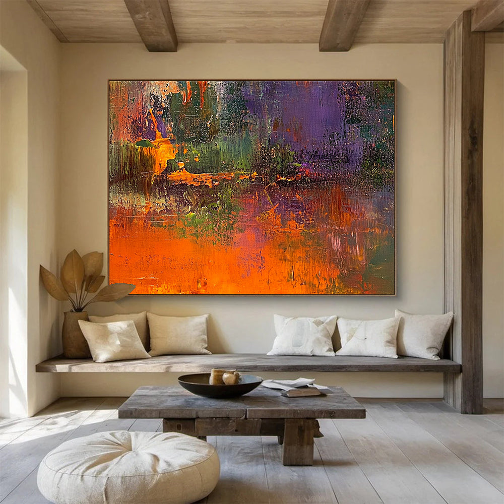Large abstract painting of the great swamp featuring dark green and orange tones with rich textures and blurred background highlighting vibrant details.SC358