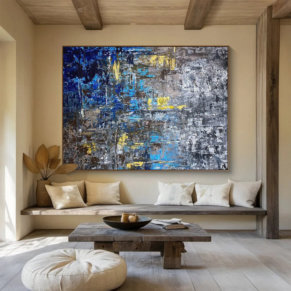 Blue Yellow Gray Abstract Painting with Urban, Industrial Inspirations THY379