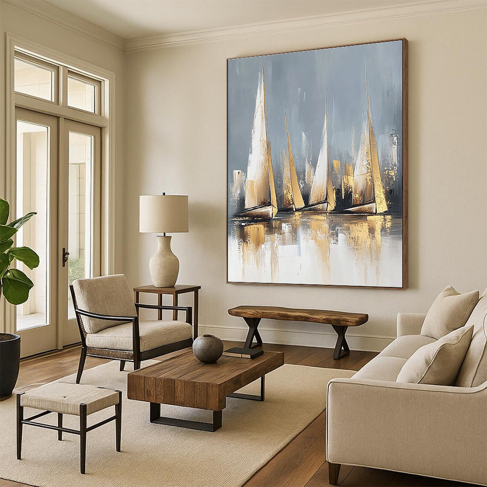Large abstract painting featuring sailboats in neutral colors with gold accents and a serene water reflection on a white background.STSC460