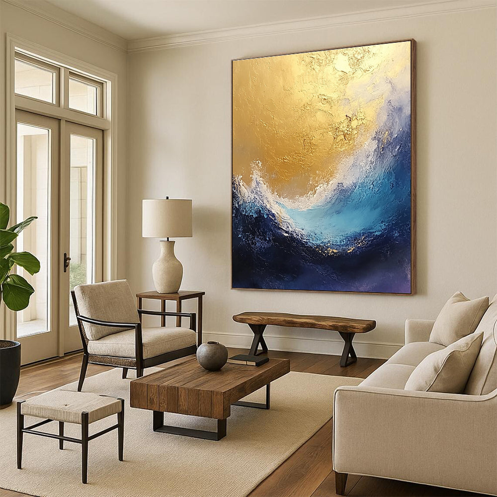 Large abstract painting depicting stormy seas in gold and blue tones with a textured finish perfect for enhancing any space.STSC334