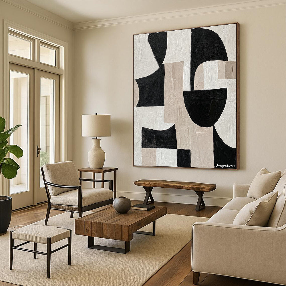 Large abstract painting with overlapping fluid shapes in black and white featuring the word Umaproducers crafted in tape showcasing depth and movement.STSC483