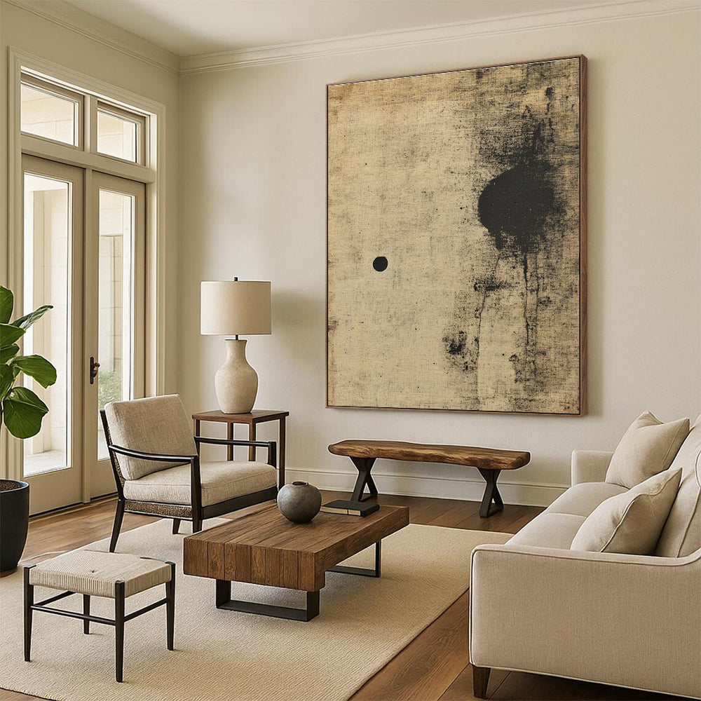 Large abstract painting of an animal in beige and black with antique texture soft edges and minimalist aesthetic.STSC635