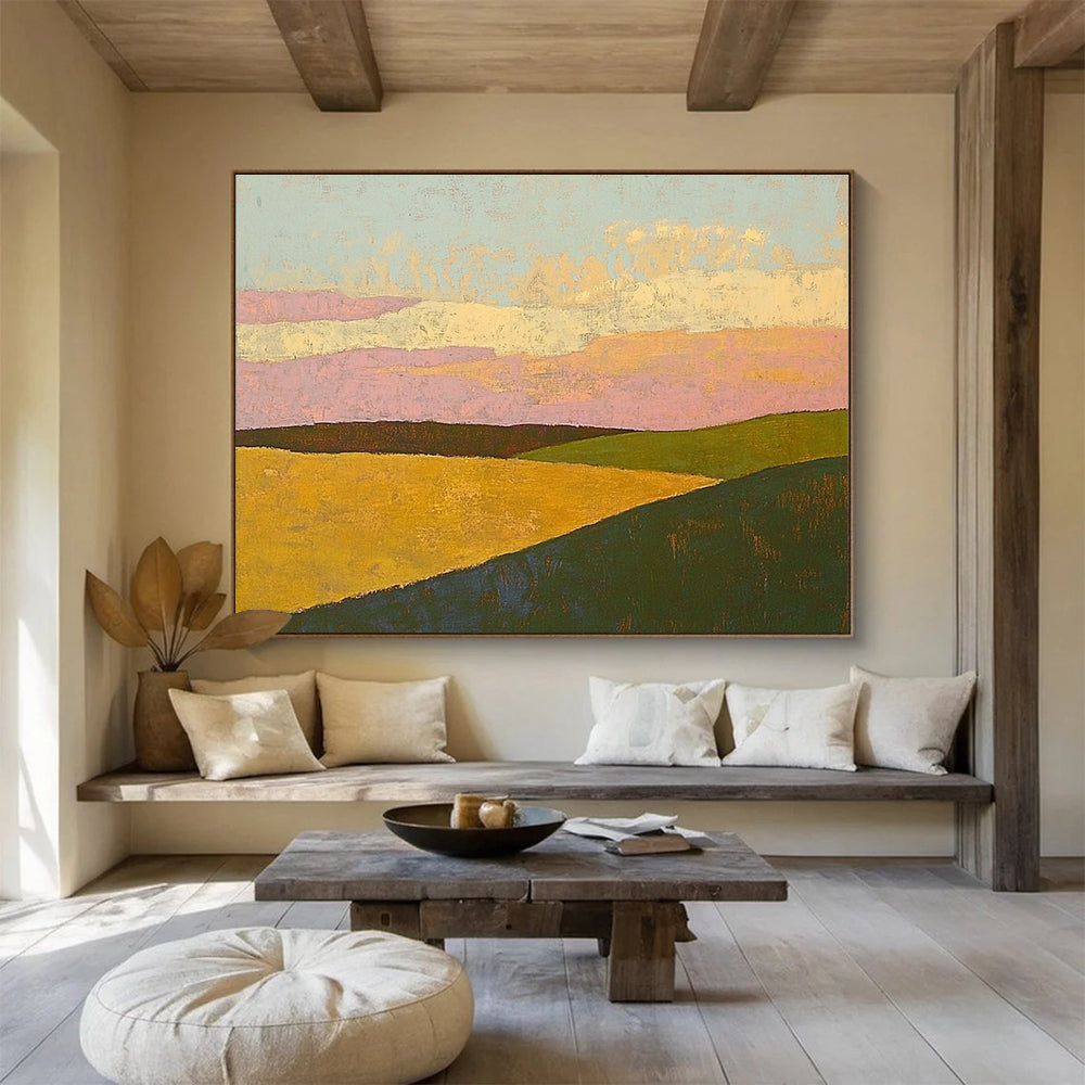 Colorful Hill Landscape Abstract Painting with Pink and Yellow Tones DYP575