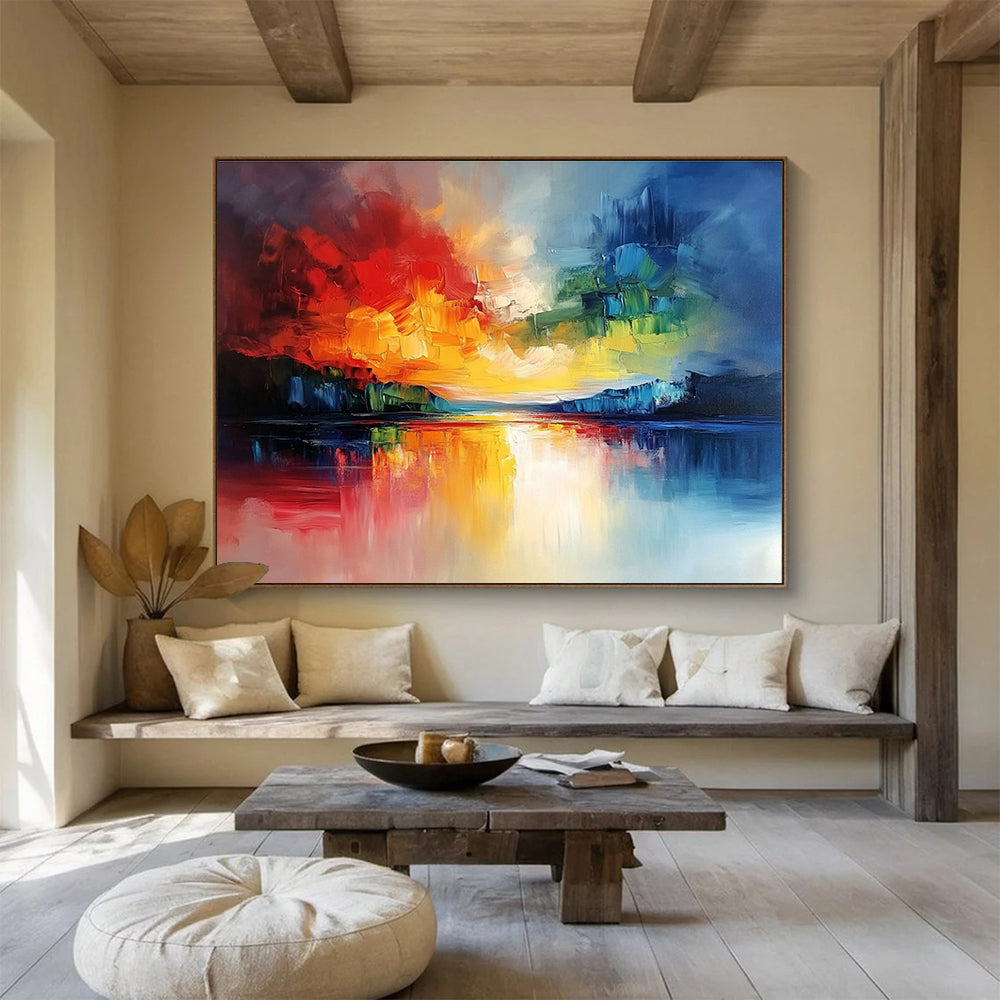 Large abstract landscape painting featuring a vibrant sky and reflective water with bold brushstrokes and rich textures.SC077